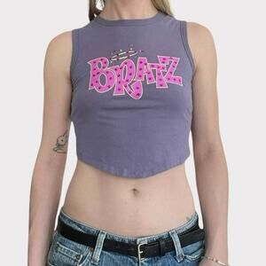 Bratz Purple Graphic Sequin Cropped Cutout Open Tie Back Tank Top